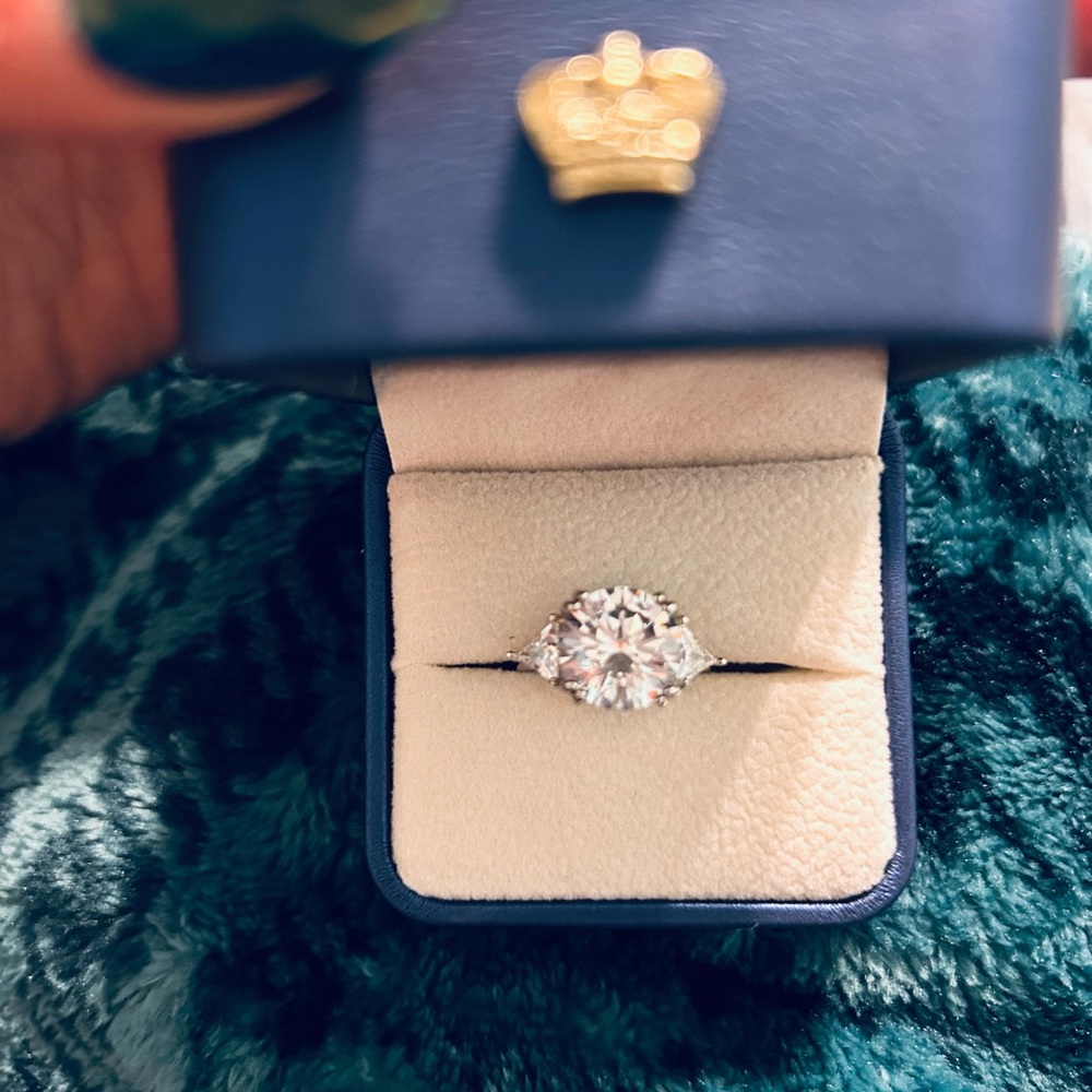 Round and Trillion cut Moissanite  Engagement Ring Sterling Silver SZ 5 5CTW